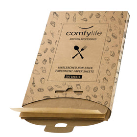 Comfylife 200 parchment sheets packaging shows durable, mess-free baking in a resealable pack.