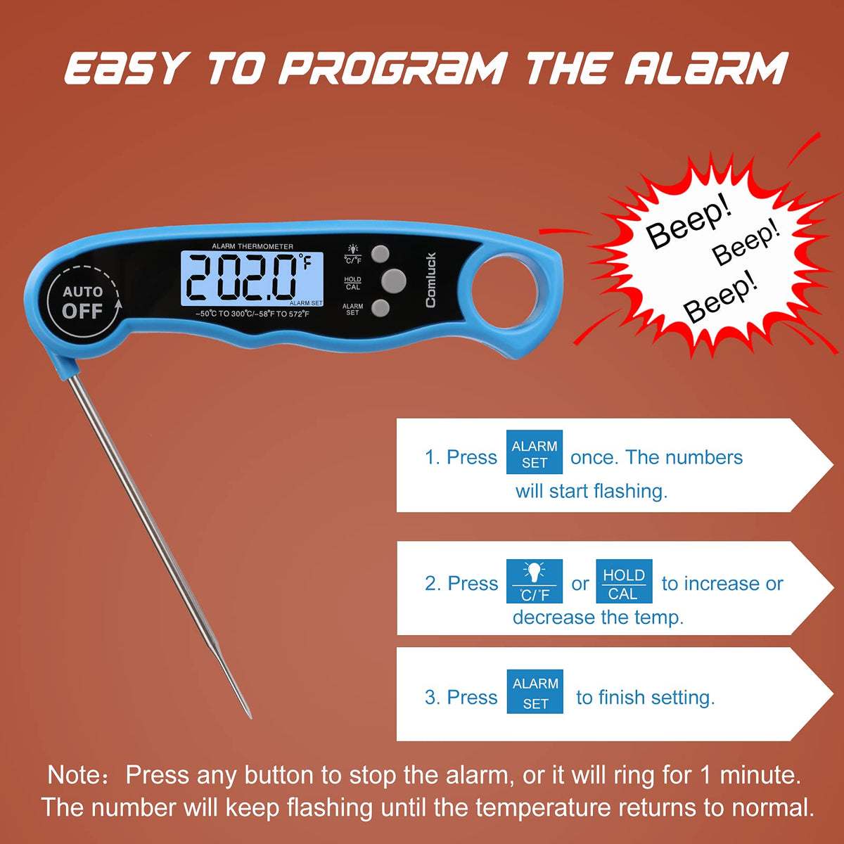 Comluck CA002 temperature alarm function helps reach target doneness.