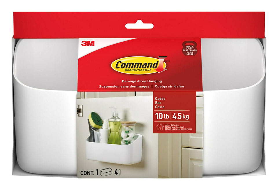Command 10 lb Organizing Caddy mounted in the kitchen keeps cleaning supplies neatly accessible.