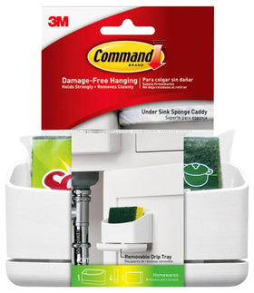 Command under-sink sponge caddy front view showing organized storage.