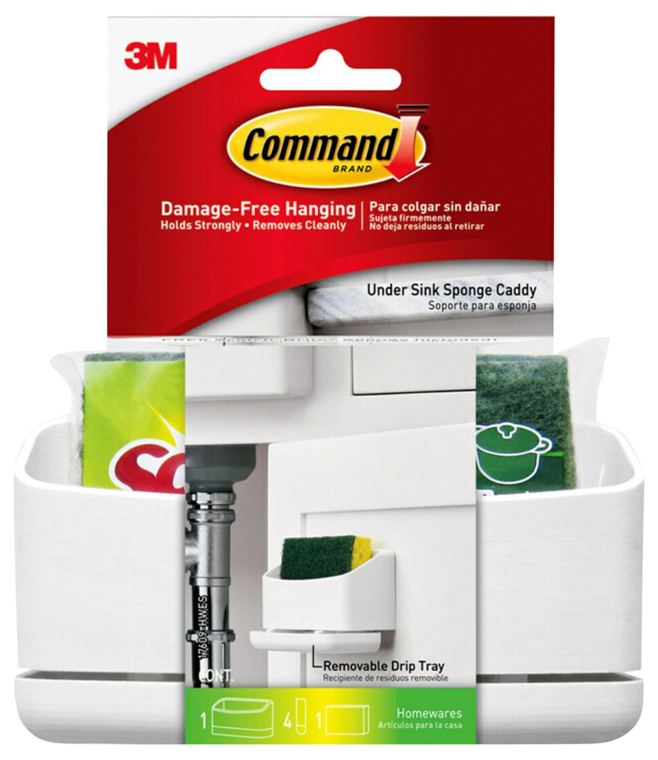 Command under-sink sponge caddy front view showing organized storage.