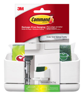 Side view of Command under-sink sponge caddy with two compartments.