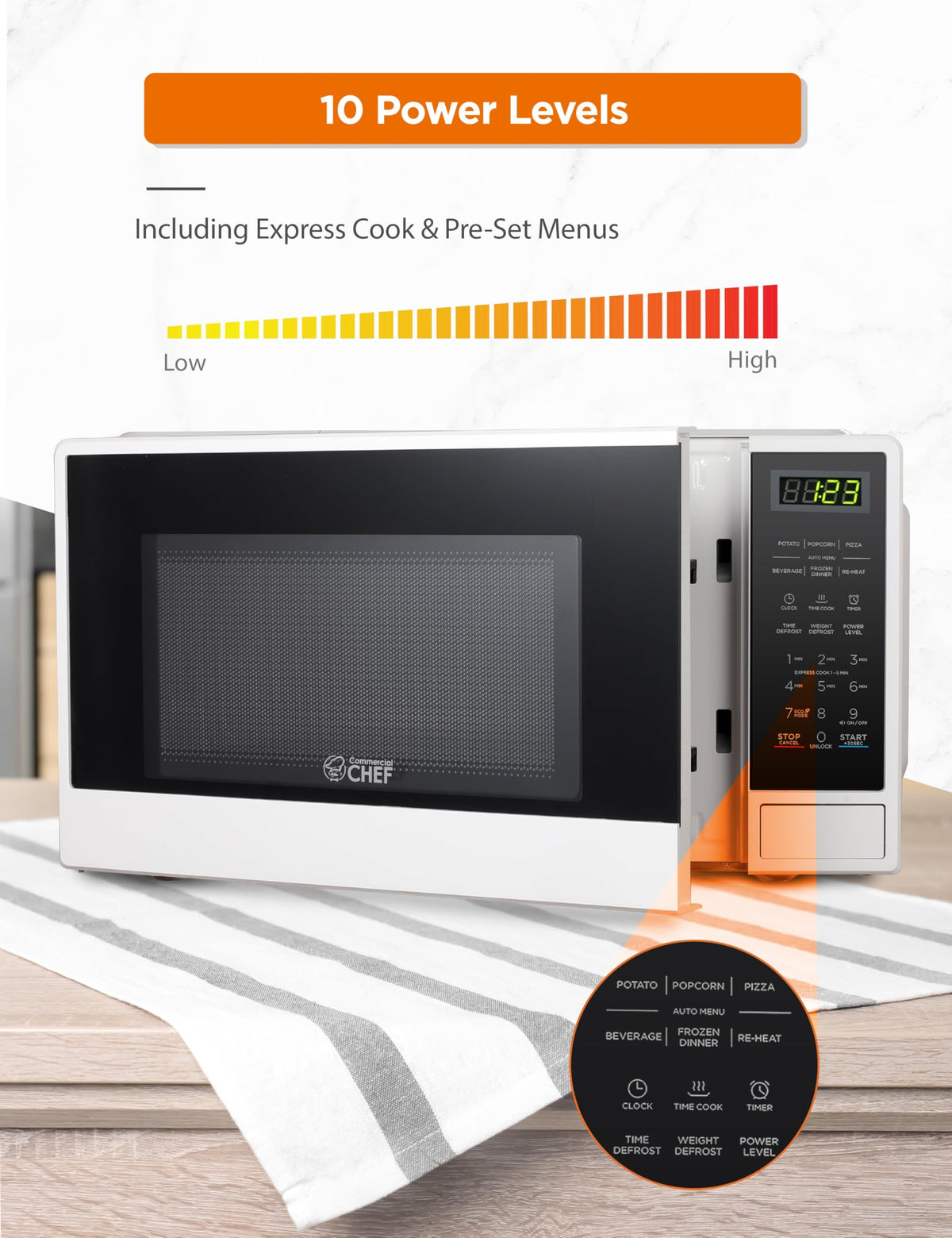 Commercial CHEF microwave with push-button door for easy access