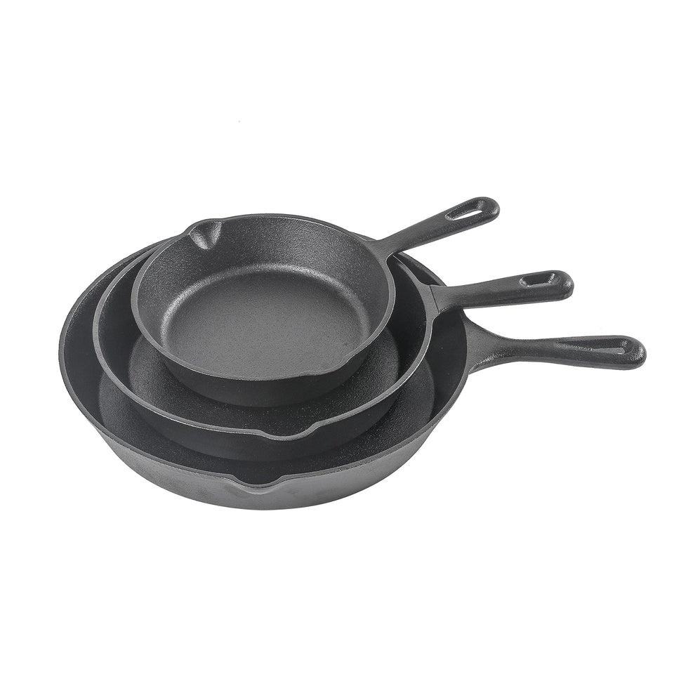 Commercial CHEF 8-inch cast iron skillet with even heat for searing.