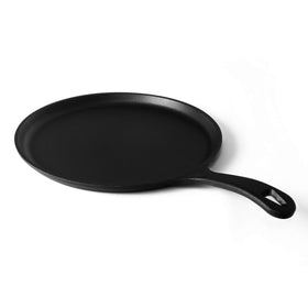 Commercial CHEF cast iron round griddle with a 10.5-inch surface for versatile searing and baking.