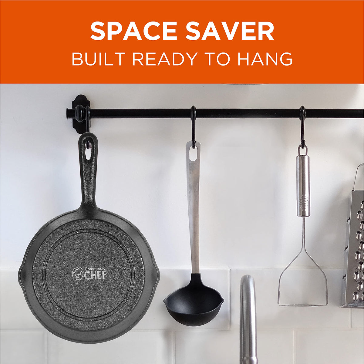 Commercial CHEF cast-iron set shows handle holes for hanging storage.