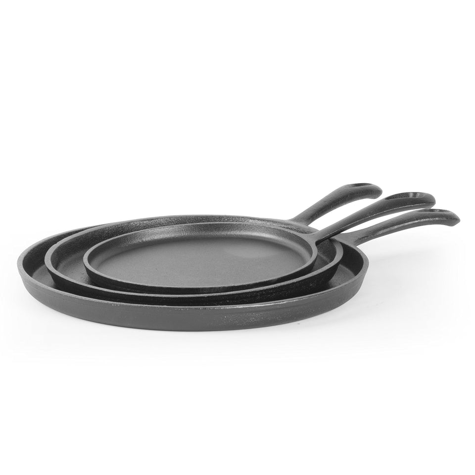 Commercial CHEF 8-inch cast iron griddle on stove for quick breakfasts.