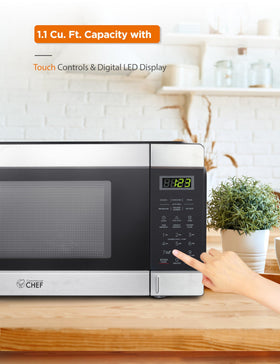 Commercial CHEF microwave 1.1 cu ft capacity fits compact counters.