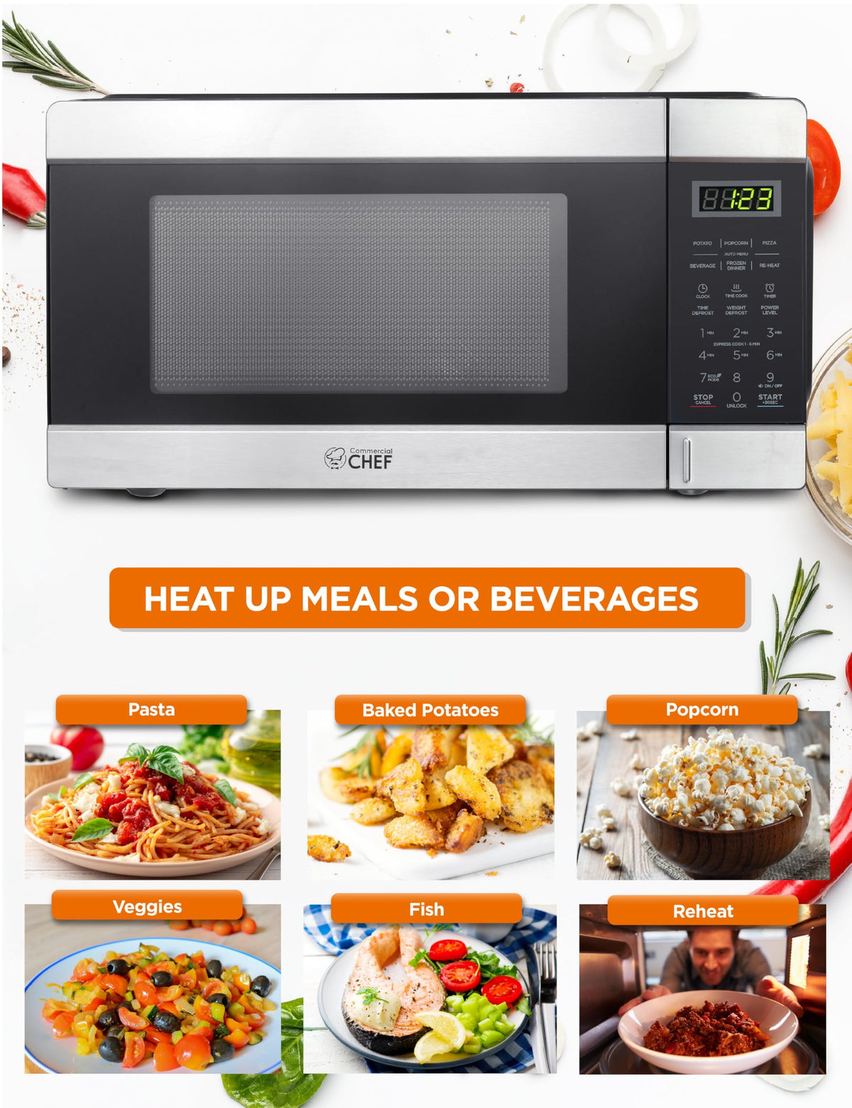 Commercial CHEF microwave digital control panel for precise timing and defrost options.