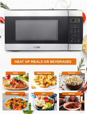 Commercial CHEF microwave digital control panel for precise timing and defrost options.