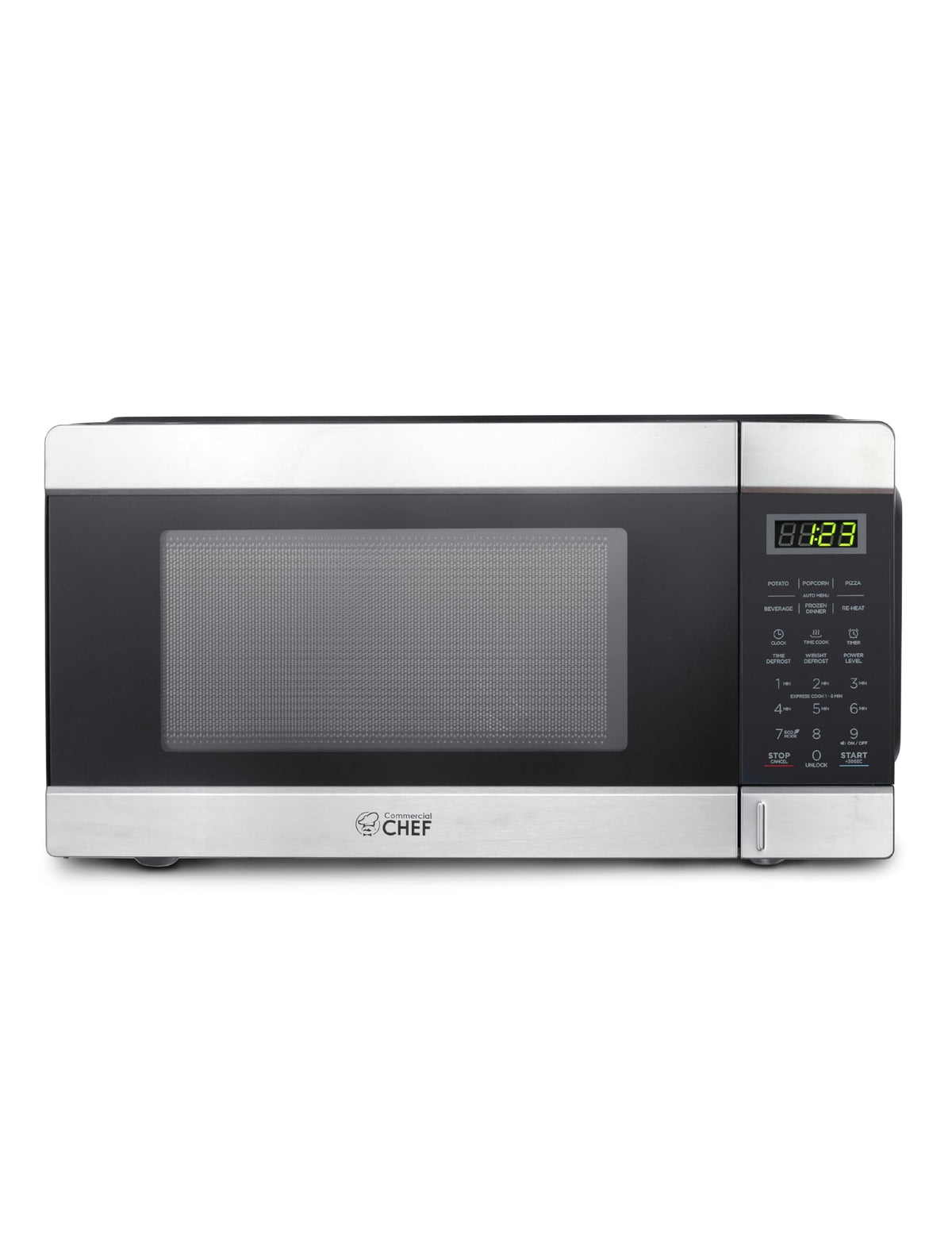 Commercial CHEF microwave front view highlights 1000W power for quick reheating.