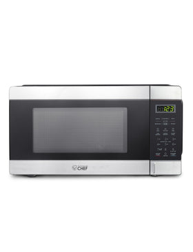 Commercial CHEF microwave front view highlights 1000W power for quick reheating.