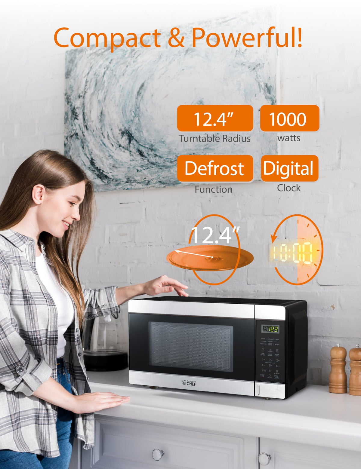 Commercial CHEF microwave push-button door for easy one-handed operation.