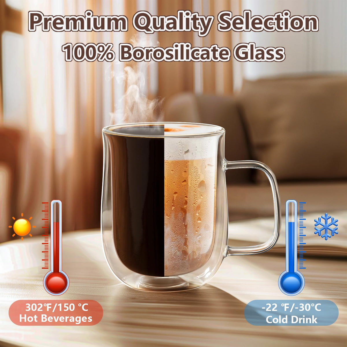 COMOME insulated mug side view emphasizes warmth retention and cool outer surface