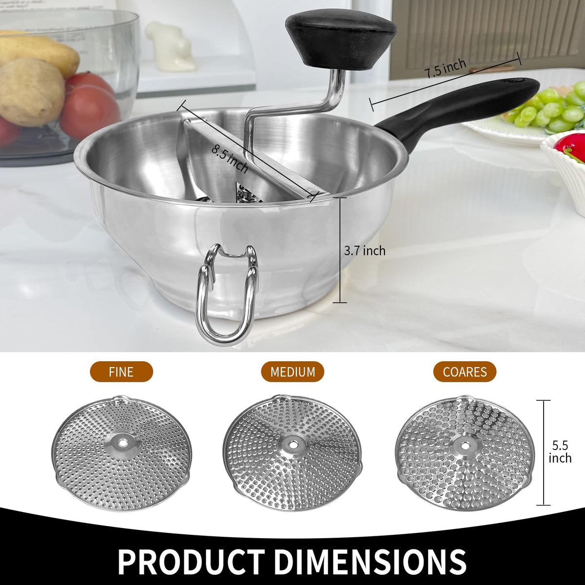 Compralo food mill ergonomic handle with silicone for comfortable cranking.