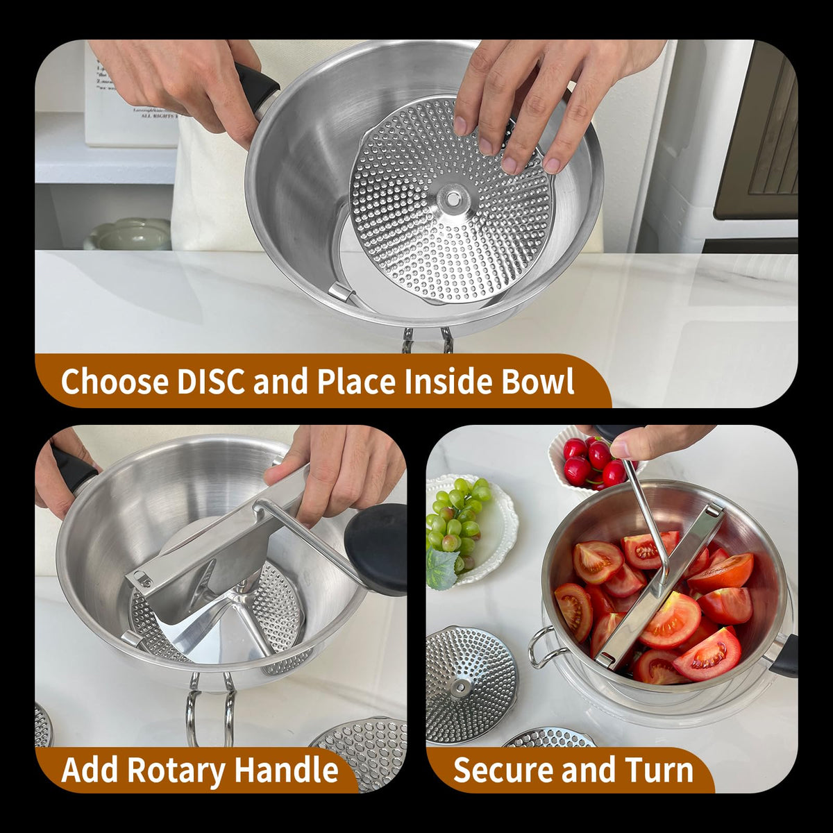 Compralo three grinding discs for coarse, medium, and fine textures.