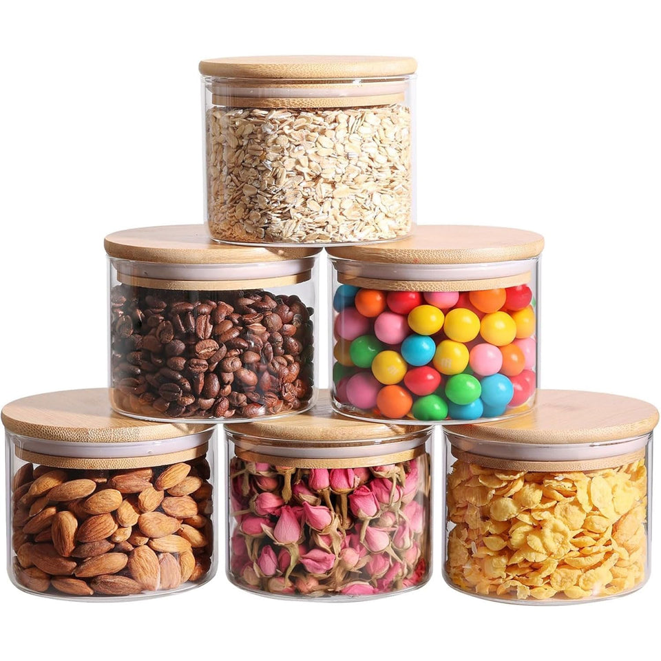 ComSaf 0.5 qt glass jars with wide mouths and wood lids for easy scooping.
