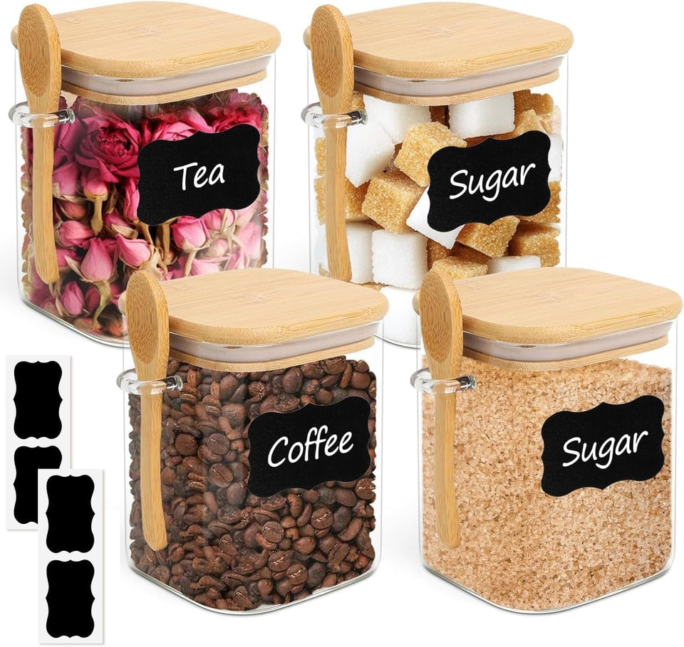 ComSaf 0.8 Qt glass jar with square shape and bamboo lid for clear pantry storage.