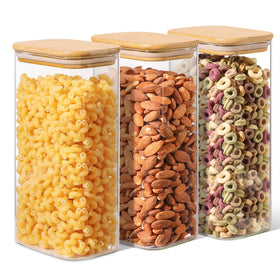 ComSaf 1.8 qt rectangle glass jar with bamboo lid close-up, airtight for freshness.