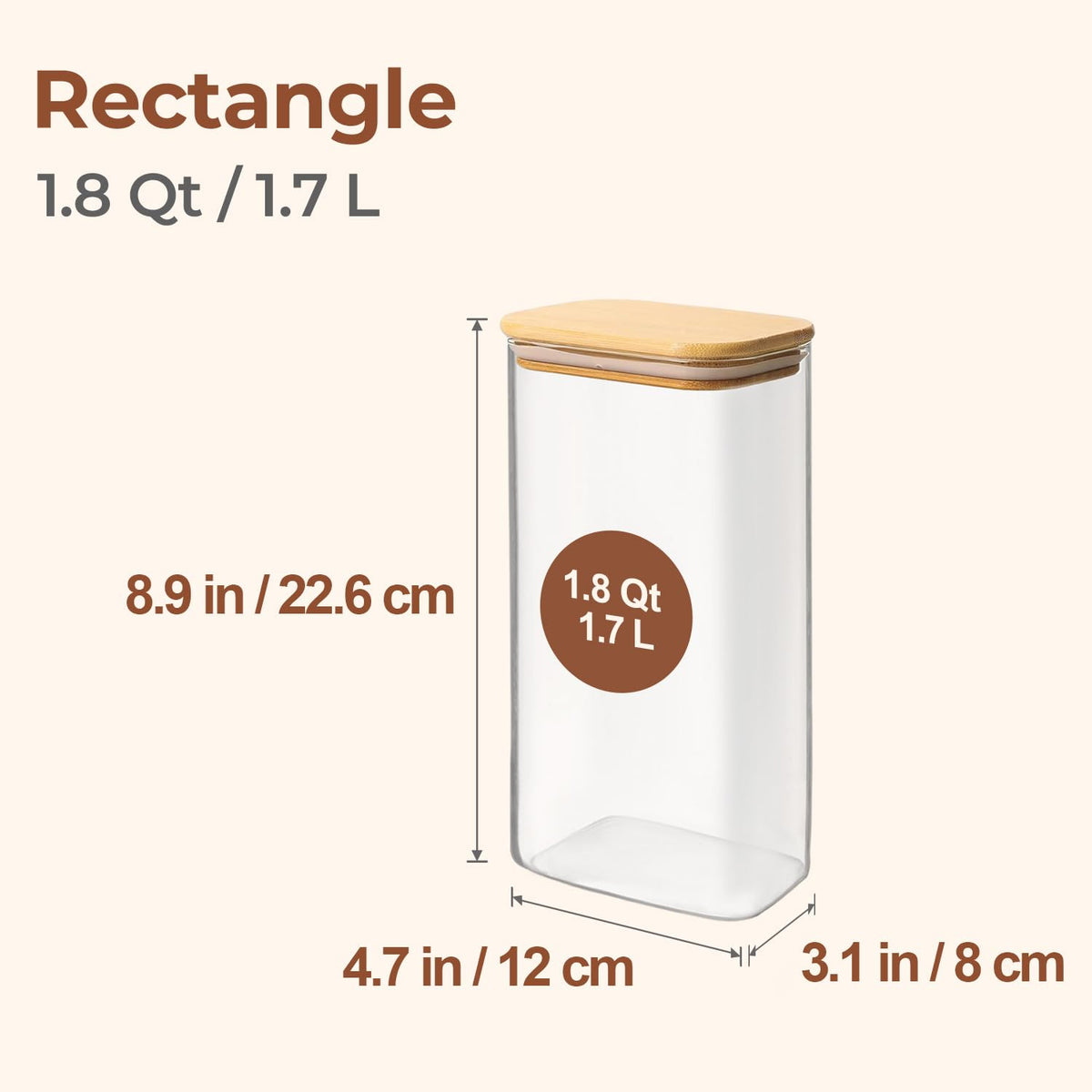 ComSaf 1.8 qt rectangle glass jar shows see-through design for easy stock checks.