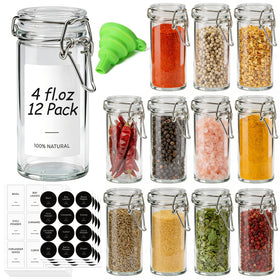 ComSaf 12-pack 4oz spice jars with clear glass for easy content identification.