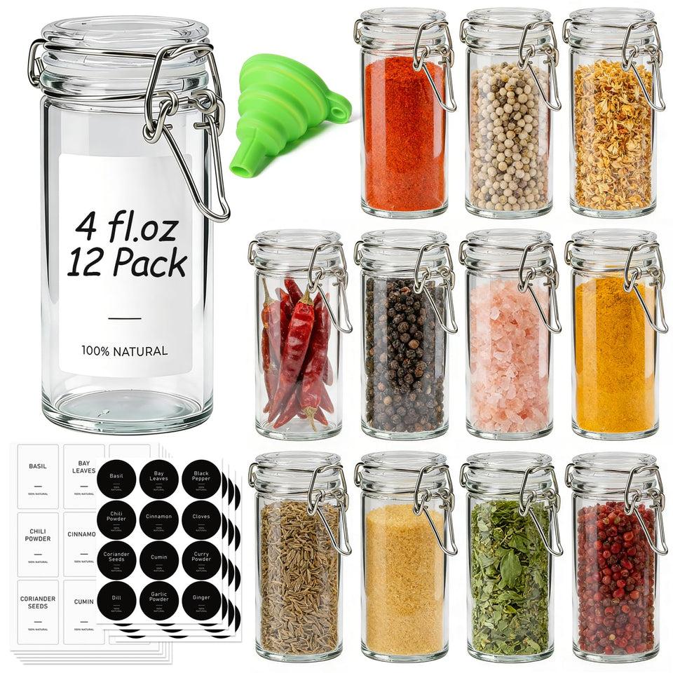 ComSaf 12-pack 4oz spice jars with clear glass for easy content identification.
