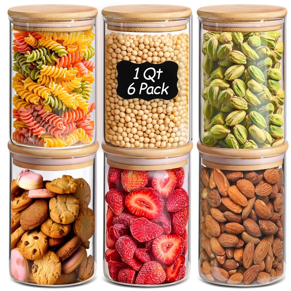 ComSaf 1 Qt glass storage container with lid for organized pantry storage.