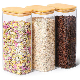 ComSaf 2qt rectangle glass storage with bamboo lid keeps pantry ingredients fresh.
