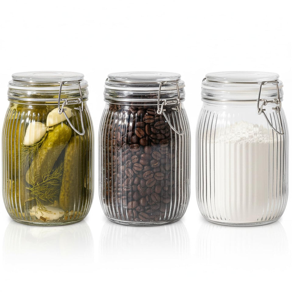 ComSaf 34oz ribbed glass jar keeps coffee fresh and aromatic.