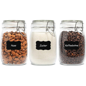 ComSaf 3-pack 34oz round glass apothecary jars on a kitchen counter, crystal-clear display