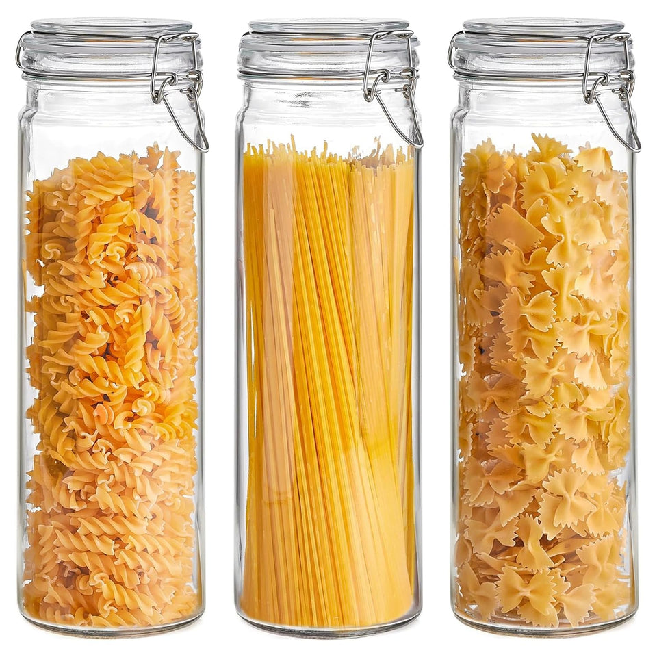 ComSaf 3-pack tall glass pasta containers for easy pantry checks