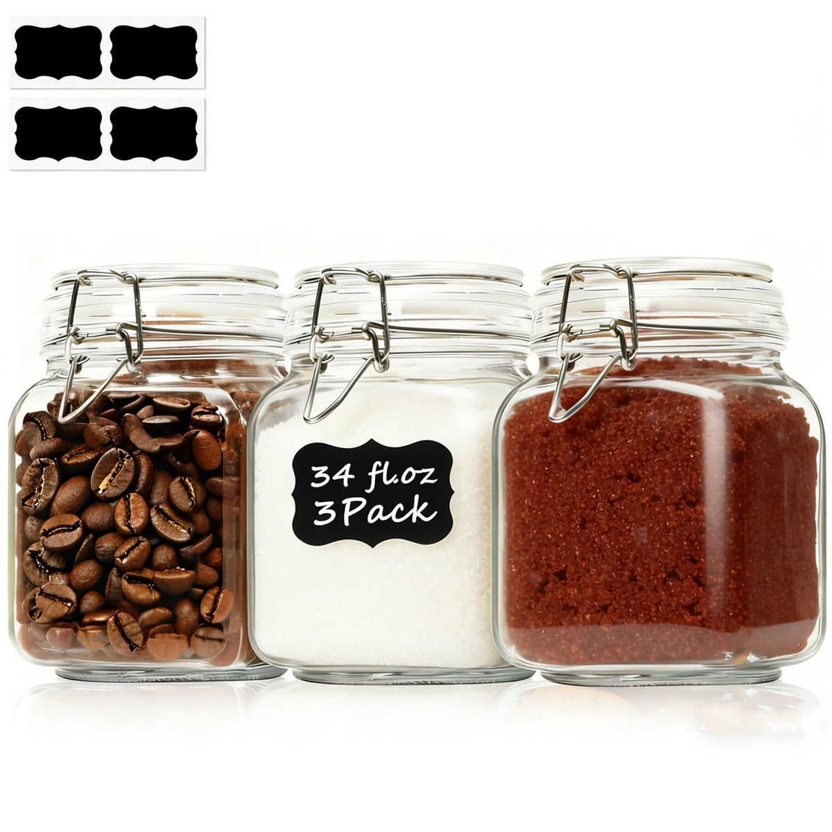 ComSaf 3-pack square glass canisters with clamp lids for fresh coffee storage