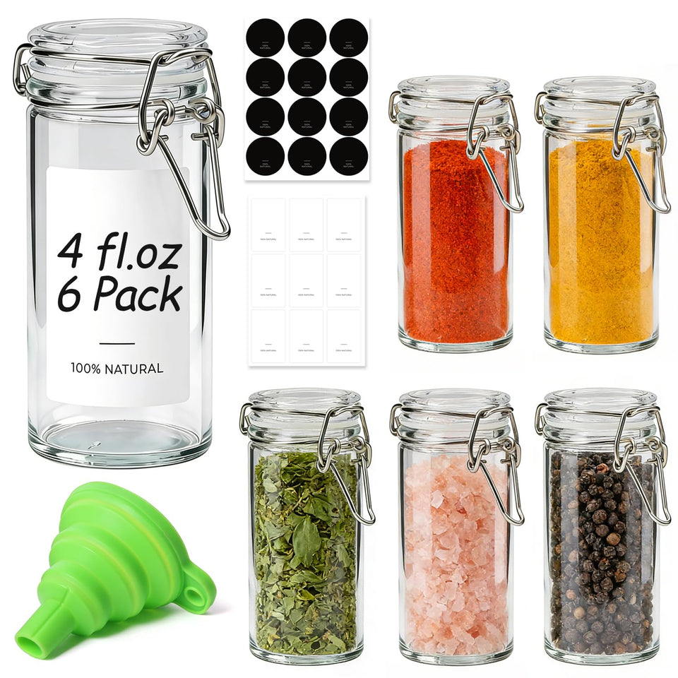 ComSaf 4 oz glass spice jar with airtight clamp lid preserves freshness.