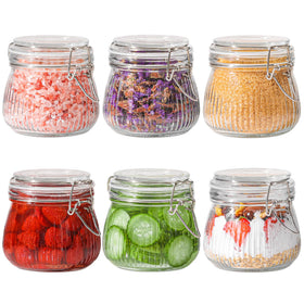 ComSaf 6-pack ribbed glass jars with airtight lids for organized pantry storage.