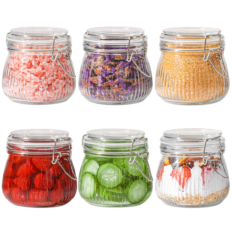 ComSaf 6-pack ribbed glass jars with airtight lids for organized pantry storage.