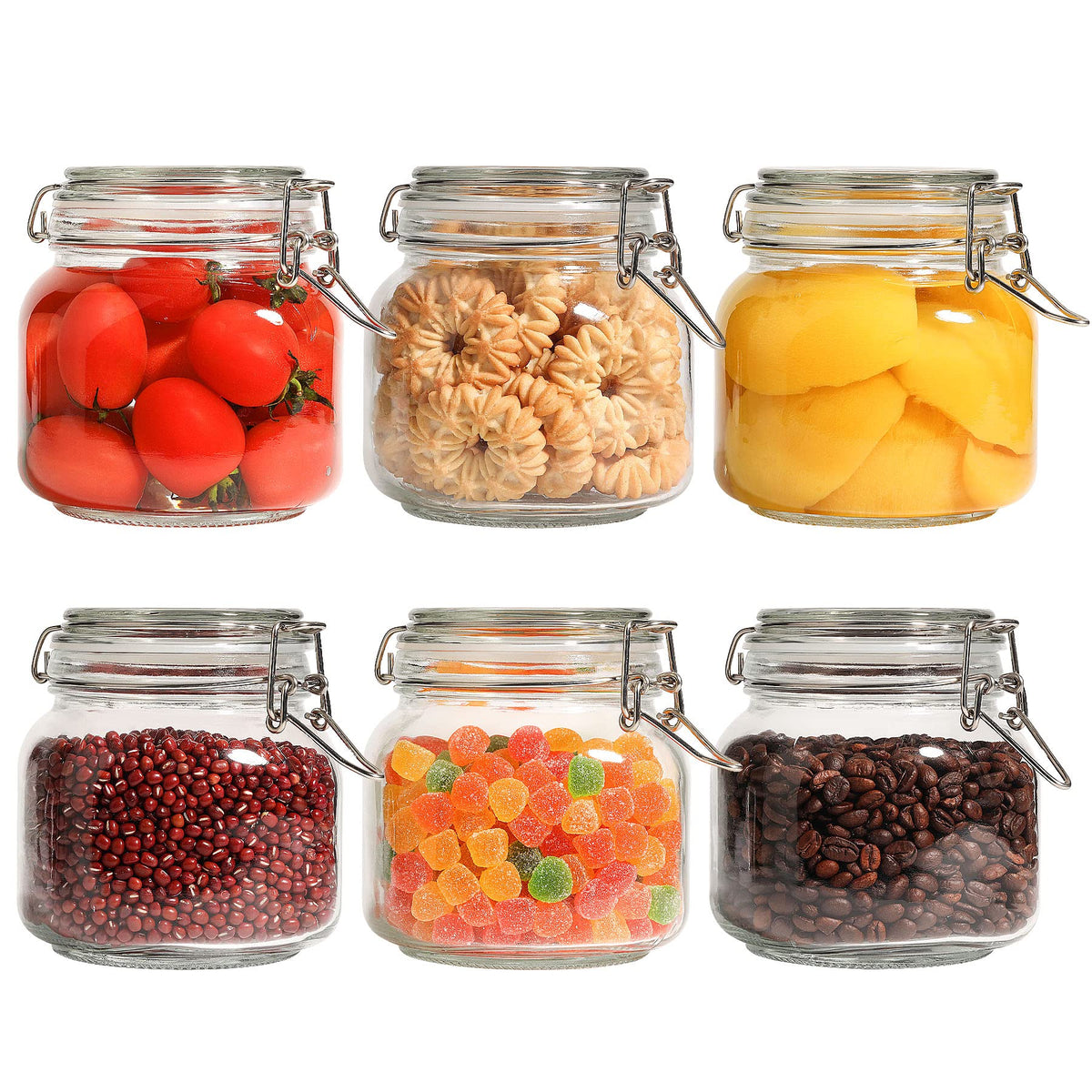 ComSaf 6-pack square glass canisters for pantry organization with airtight freshness.