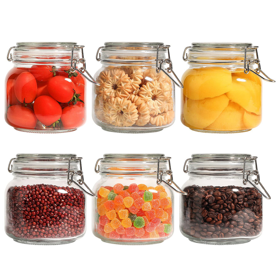 ComSaf 6-pack square glass canisters for pantry organization with airtight freshness.