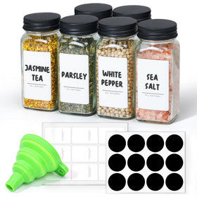 ComSaf 6pc spice jars with 4oz capacity and shaker lids for controlled dispensing.