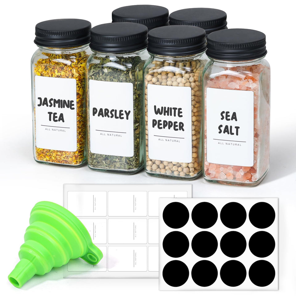ComSaf 6pc spice jars with 4oz capacity and shaker lids for controlled dispensing.