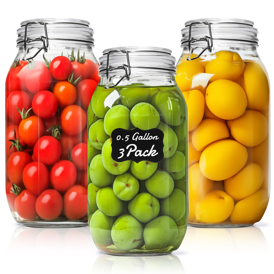 ComSaf 71oz glass canister with airtight clamp lids for bulk storage.