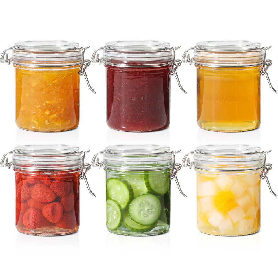 ComSaf 8oz glass jar with wire clamp, front view, ideal for jams and spices.