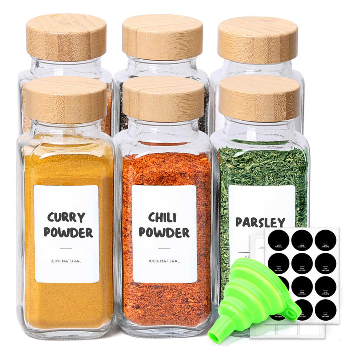 ComSaf 8 oz glass spice jar with square bamboo lid for neat pantry organization.