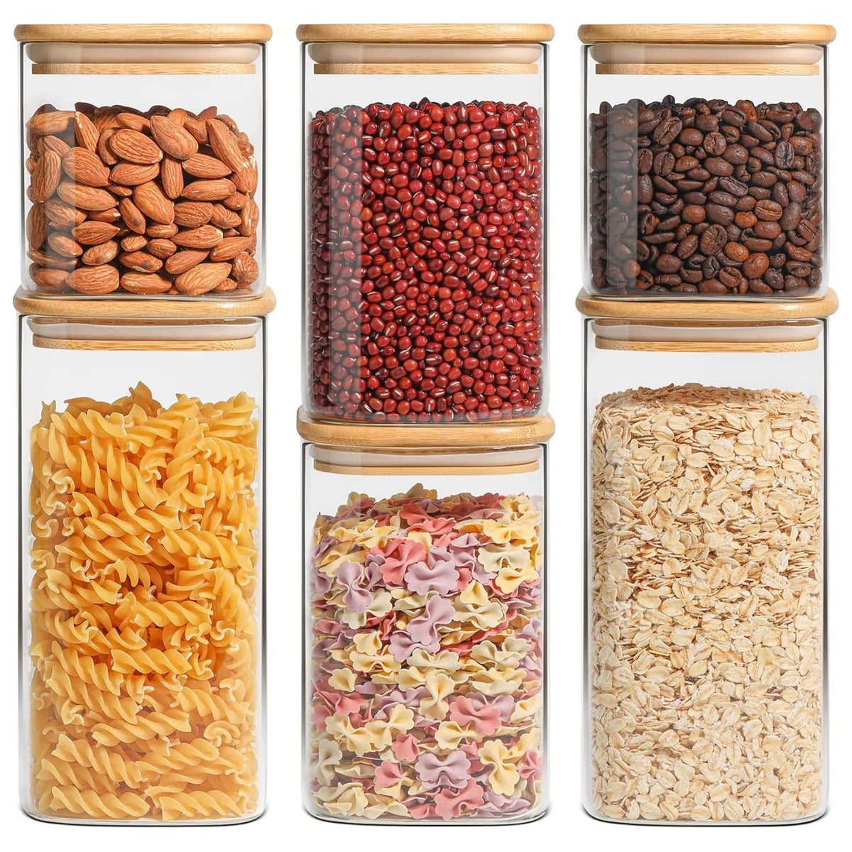 ComSaf airtight square glass canister with wood lid and seal close-up