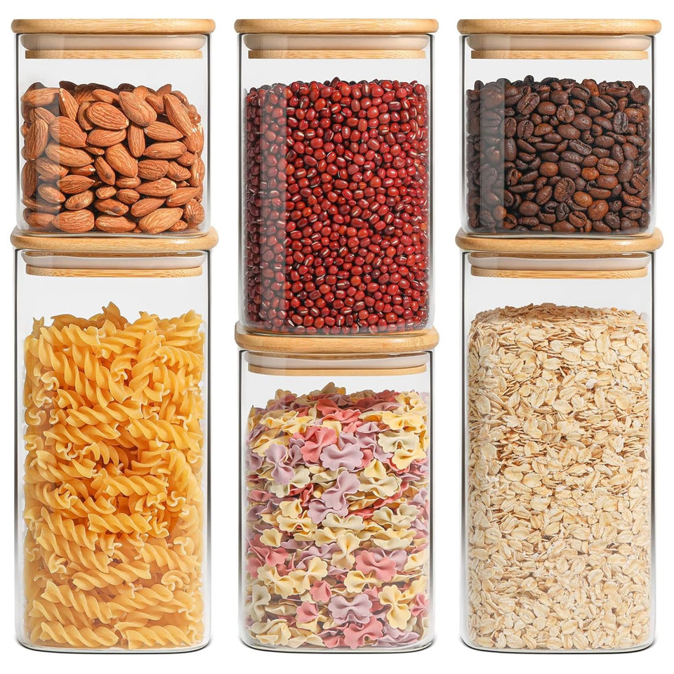 ComSaf airtight square glass canister with wood lid and seal close-up