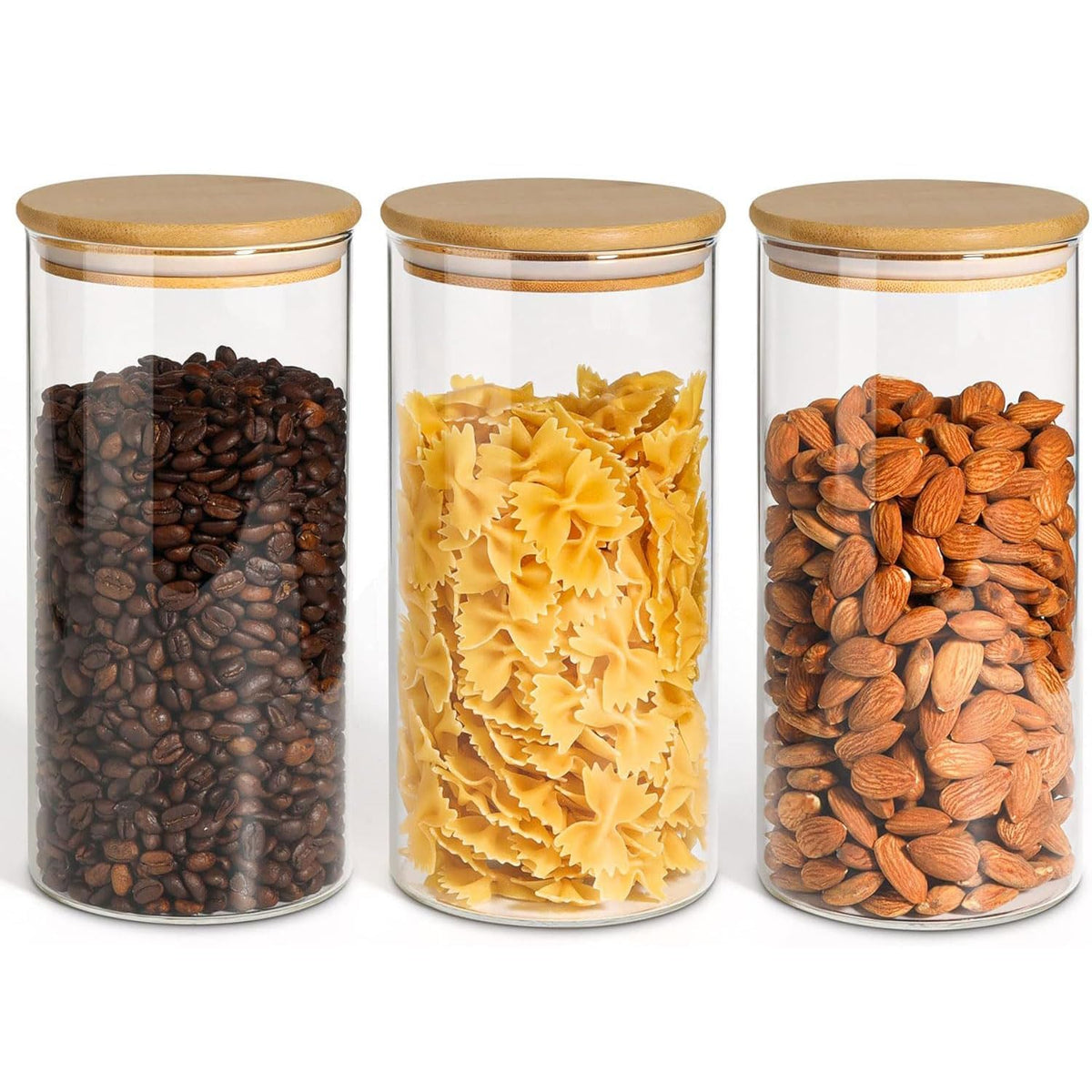 ComSaf airtight glass canister with wood lid showing 1.5 qt set for fresh dry foods