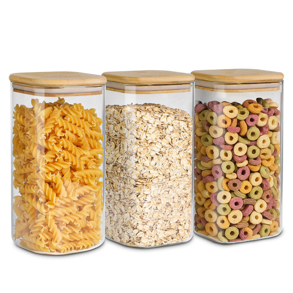 ComSaf airtight glass canister set on shelf with wood lids for fresh storage