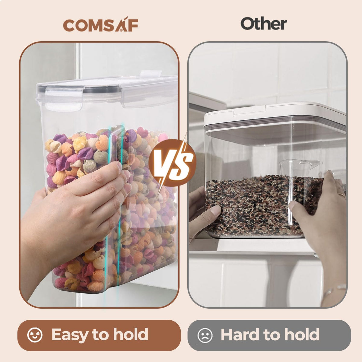 ComSaf bulk storage for rice and pasta stays organized in the kitchen.