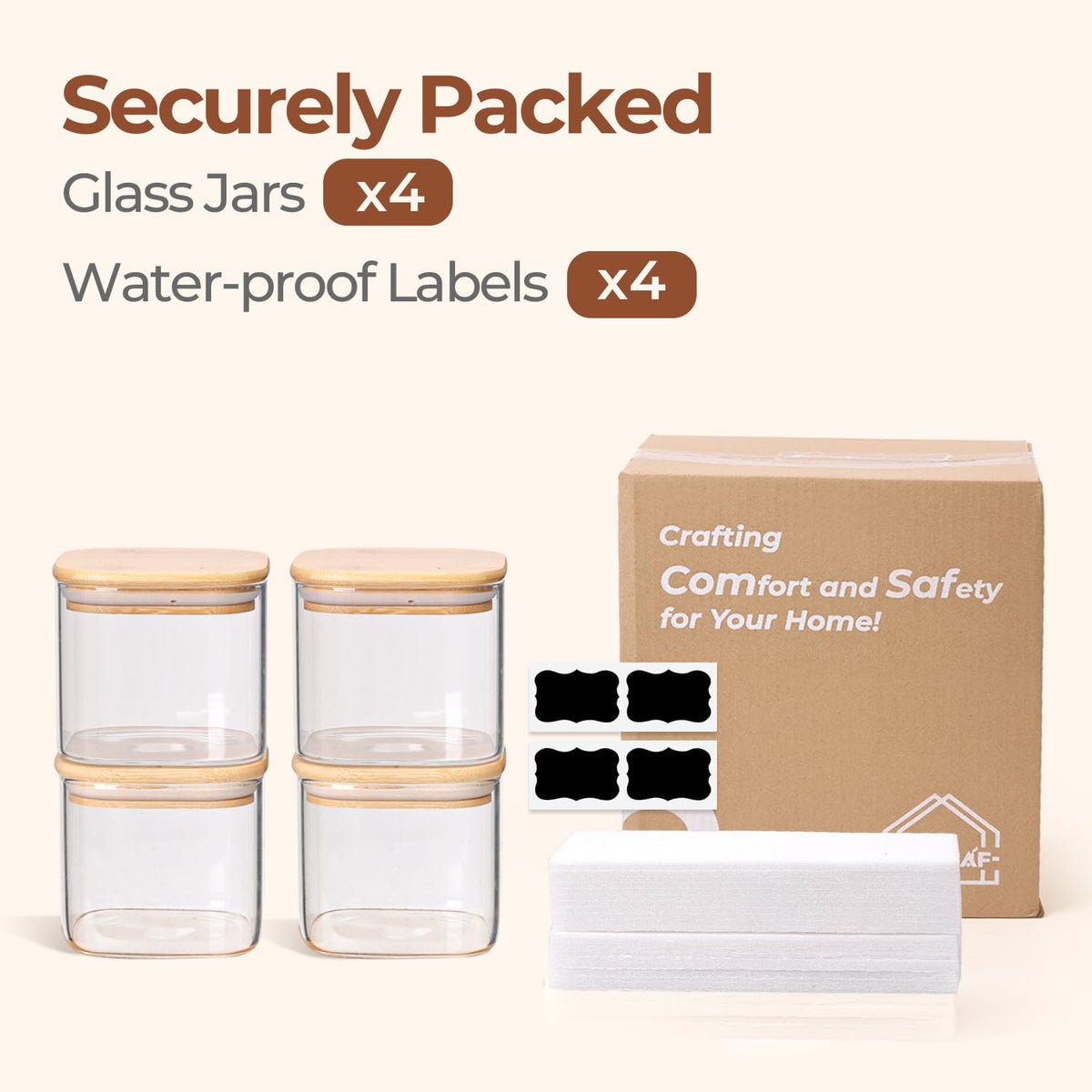 ComSaf candy, spice, coffee, and sugar containers help declutter kitchen countertops.