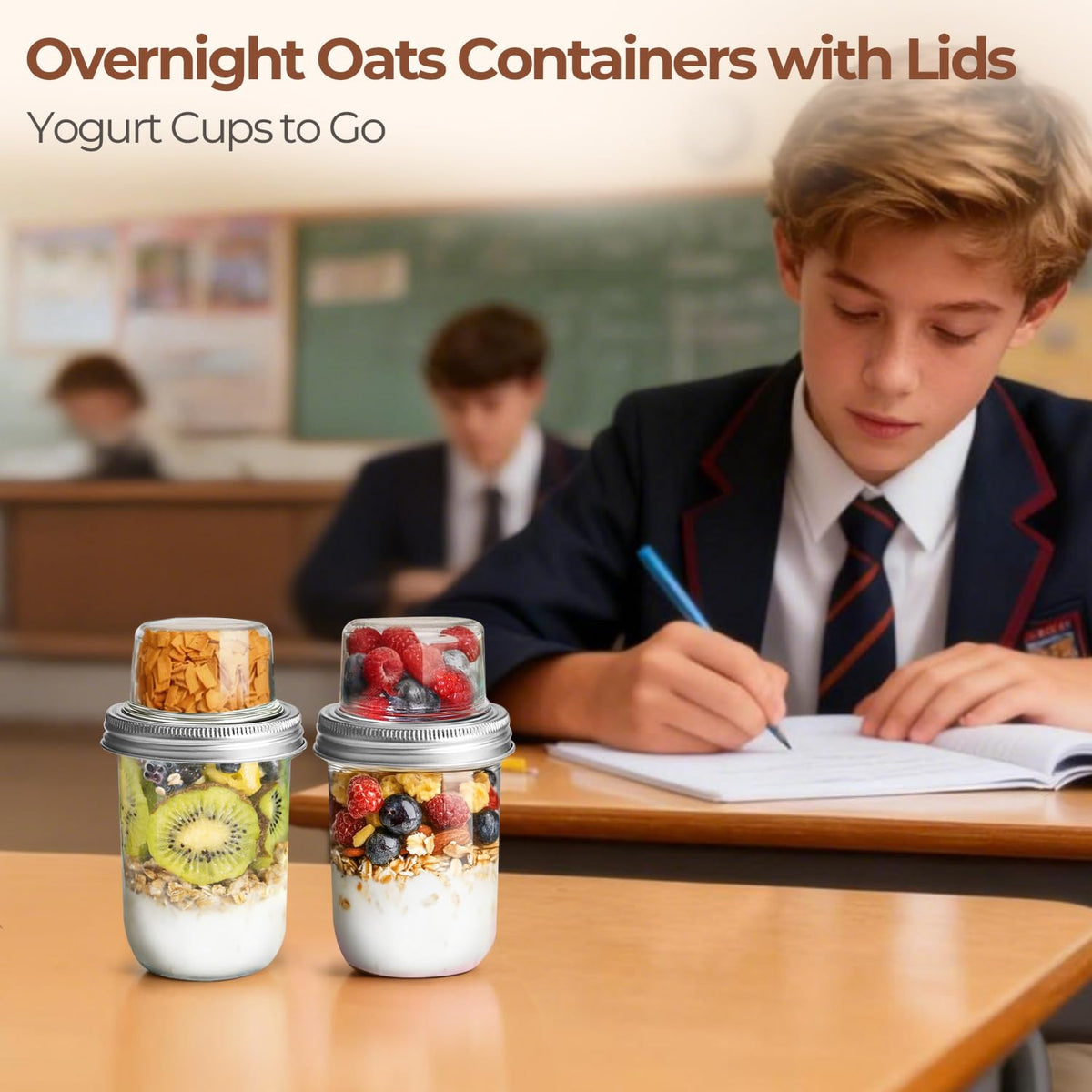 ComSaf yogurt, chia pudding, cereals, and fruit fit easily in these jars.