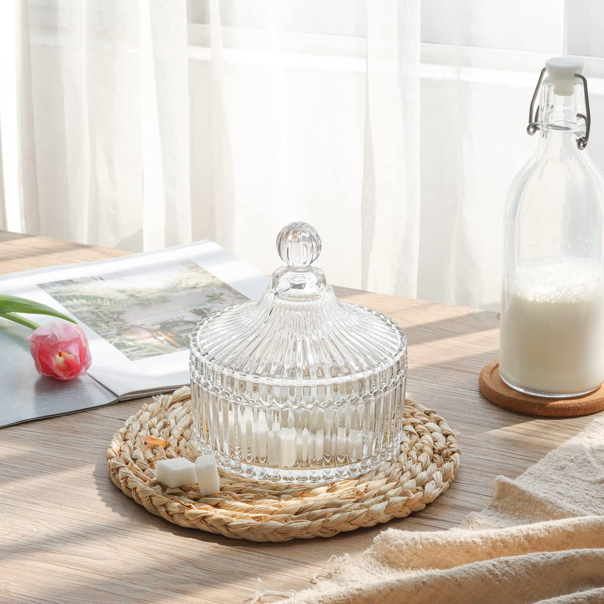 ComSaf clear glass candy dish showcases colorful contents on coffee tables